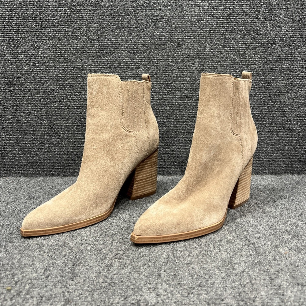 Marc Fisher LTD Oshay Suede Ankle Booties Tan Pointed Toe Block Heel Boots Sz 9